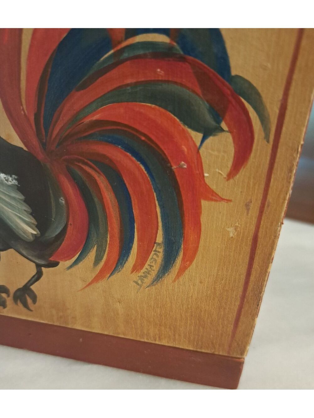 Vintage Wood Hand-painted Rooster Paper Towel Holder-Artist Signed - Picture 4 of 5